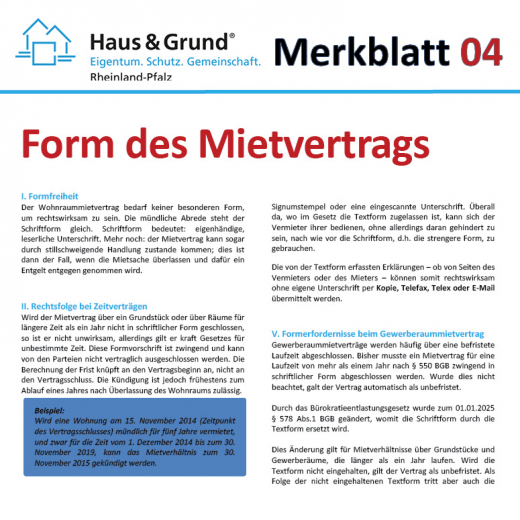 Merkblatt: Form des Mietvertrags