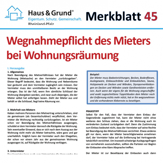 Merkblatt: Wegnahmepflicht des	Mieters bei Wohnungsräumung