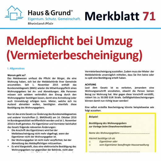 Merkblatt: Meldepflicht bei Umzug (Vermieterbescheinigung)